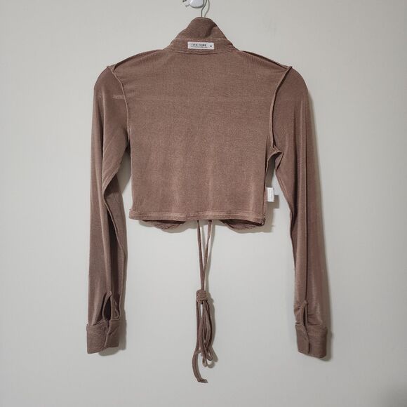 12th Tribe Womens Knit Cropped Button-Up Top Shimmery Brown Long Sleeve Size M - Picture 4 of 7